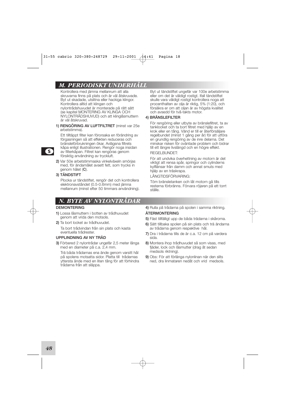 M. periodiskt underhåll, N. byte av nylontrådar, 48 l | McCulloch Euromac D321/34cc User Manual | Page 54 / 96