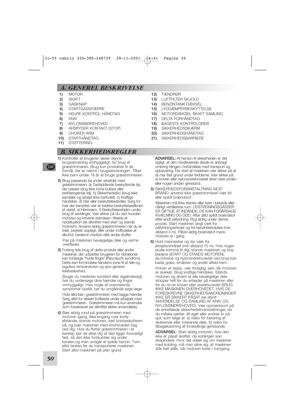 A. generel beskrivelse, B. sikkerhedsregler | McCulloch Euromac D321/34cc User Manual | Page 56 / 96