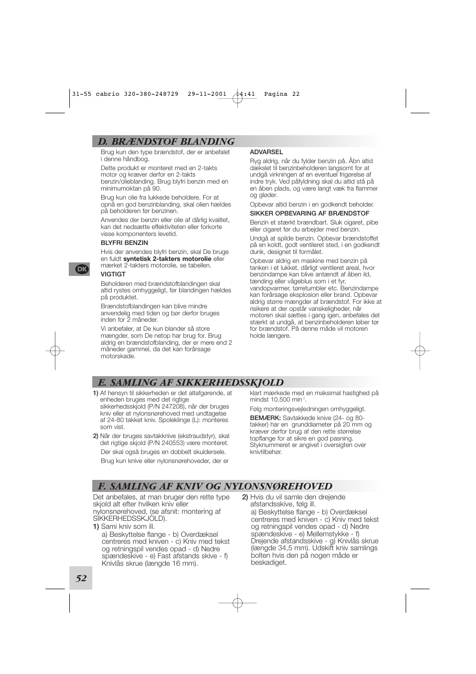 D. brændstof blanding, E. samling af sikkerhedsskjold, F. samling af kniv og nylonsnørehoved | McCulloch Euromac D321/34cc User Manual | Page 58 / 96