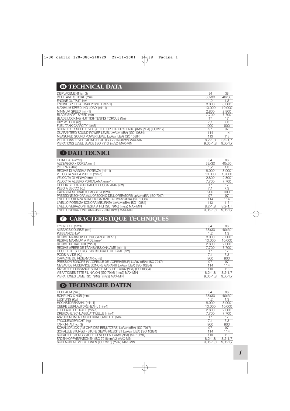 Technical data, Dati tecnici, Caracteristique techniques | Technische daten | McCulloch Euromac D321/34cc User Manual | Page 7 / 96