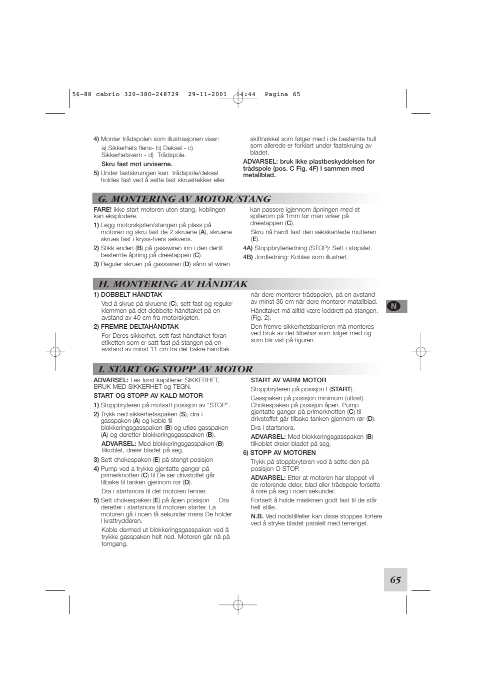 G. montering av motor/stang, H. montering av håndtak, I. start og stopp av motor | McCulloch Euromac D321/34cc User Manual | Page 71 / 96