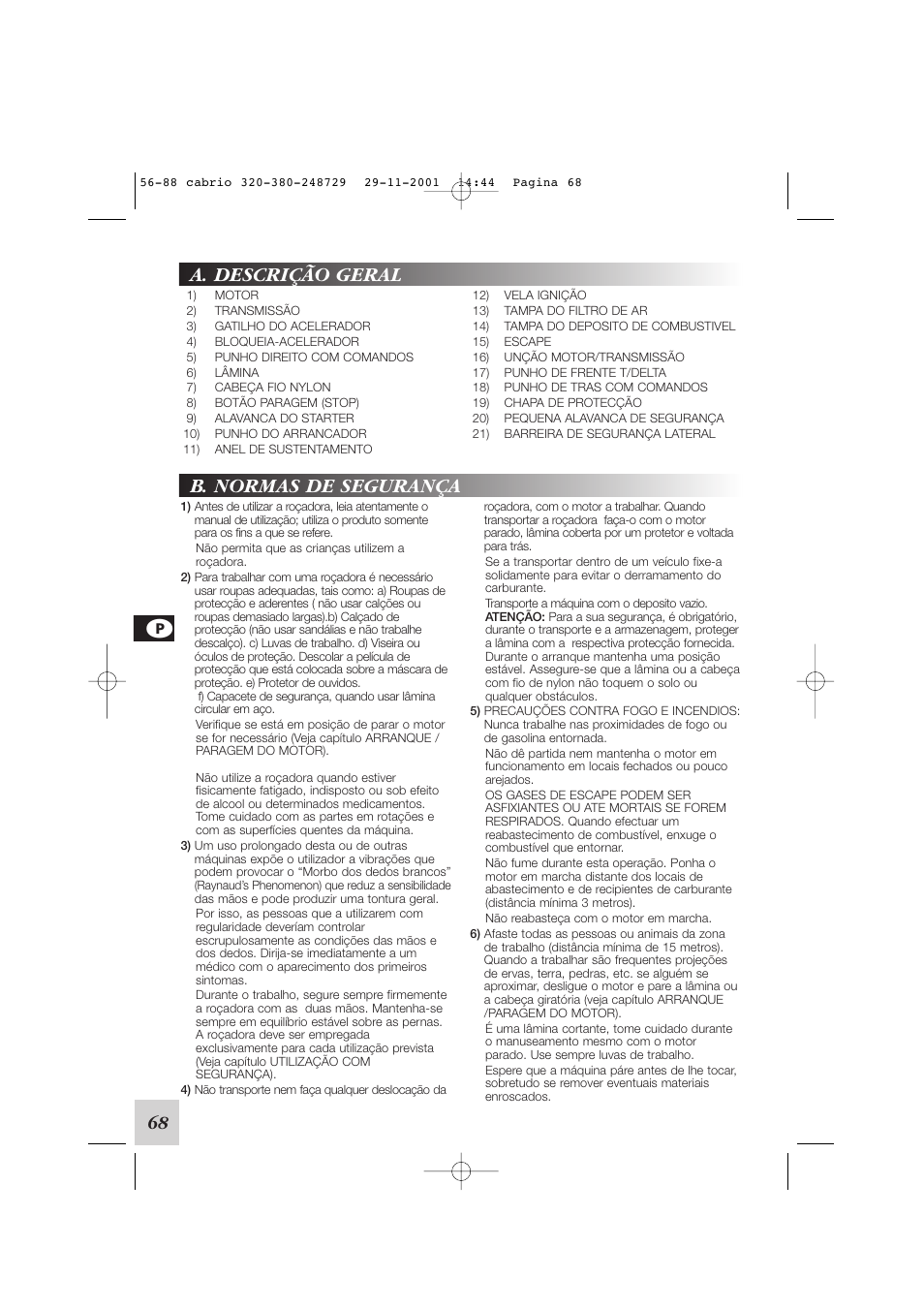 A. descrição geral, B. normas de segurança, 68 g | McCulloch Euromac D321/34cc User Manual | Page 74 / 96