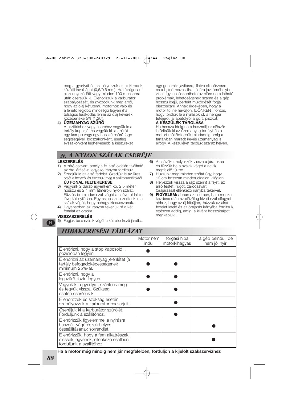 N. a nylon szálak cseréje, Hibakeresési táblázat | McCulloch Euromac D321/34cc User Manual | Page 94 / 96