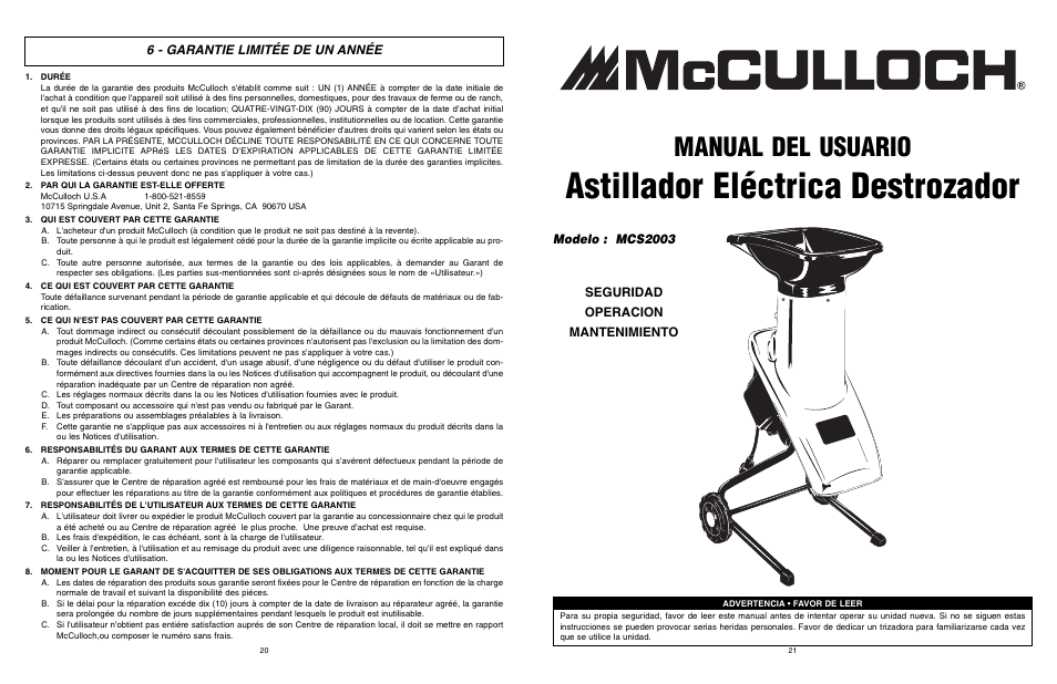 Astillador eléctrica destrozador, Manual del usuario, Seguridad operacion mantenimiento modelo : mcs2003 | 6 - garantie limitée de un année | McCulloch 6096-200317 User Manual | Page 11 / 19