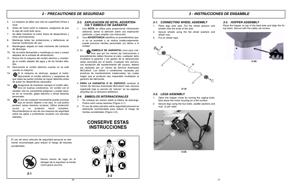 Conserve estas instrucciones, 2 - precautiones de seguridad, 3 - instrucciones de ensamble | McCulloch 6096-200317 User Manual | Page 14 / 19