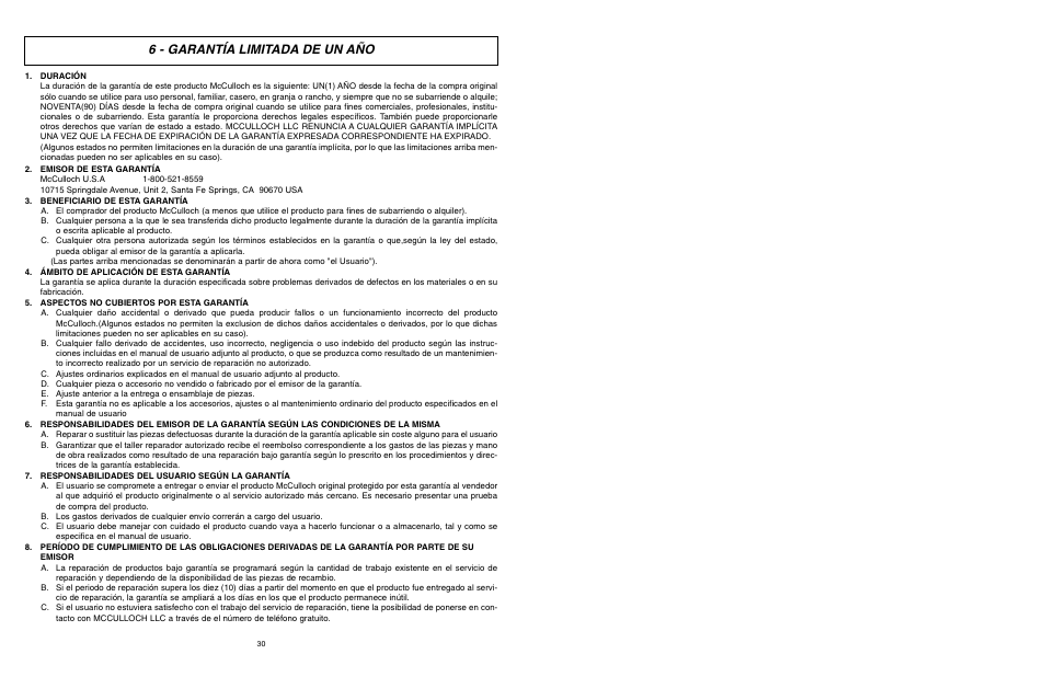 6 - garantía limitada de un año | McCulloch 6096-200317 User Manual | Page 16 / 19