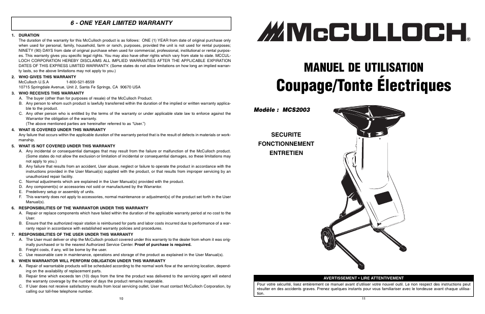 Coupage/tonte électriques, Manuel de utilisation, 6 - one year limited warranty | Securite fonctionnement entretien modèle : mcs2003 | McCulloch 6096-200317 User Manual | Page 6 / 19