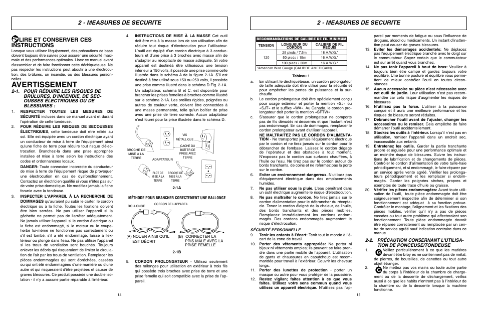 Avertissement, 2 - measures de securite, Lire et conserver ces instructions | McCulloch 6096-200317 User Manual | Page 8 / 19