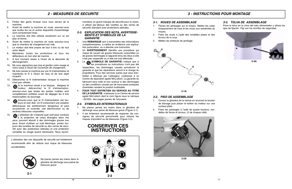 Conserver ces instructions, 2 - measures de securite, 3 - instructions pour montage | McCulloch 6096-200317 User Manual | Page 9 / 19