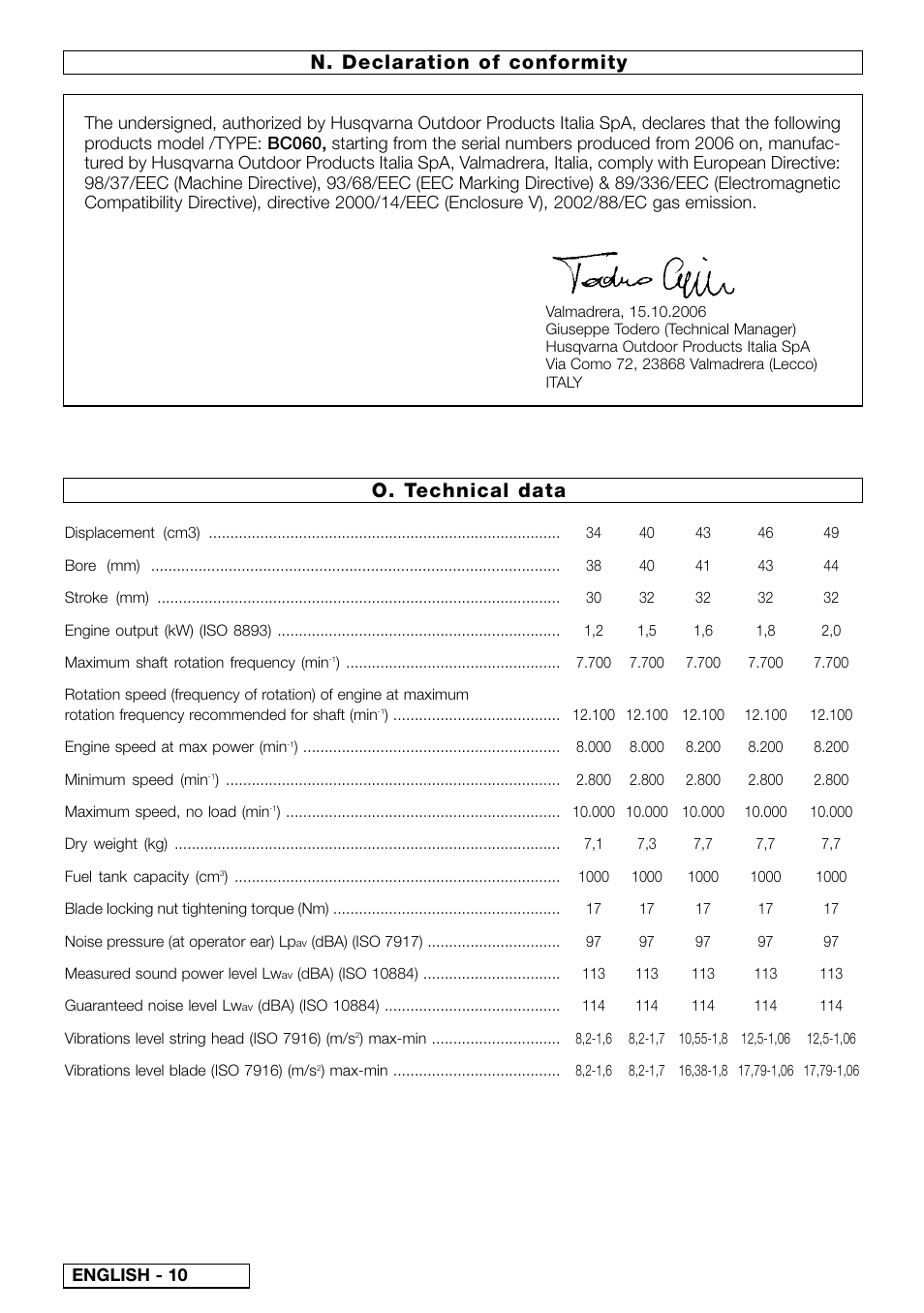 O. technical data, N. declaration of conformity, English - 10 | McCulloch Cabrio Plus 497 L User Manual | Page 13 / 13