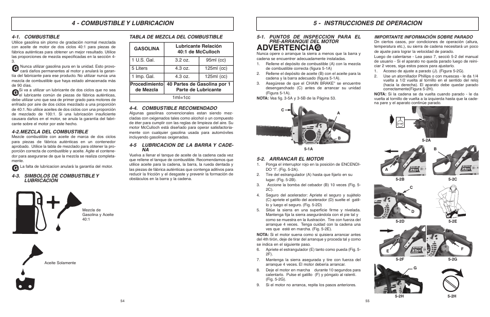 Advertencia, 4 - combustible y lubricacion, 5 - instrucciones de operacion | McCulloch 9096311037 User Manual | Page 28 / 37