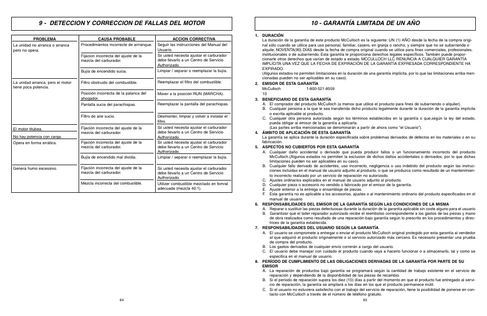 9 - deteccion y correccion de fallas del motor, 10 - garantía limitada de un año | McCulloch 9096311037 User Manual | Page 33 / 37