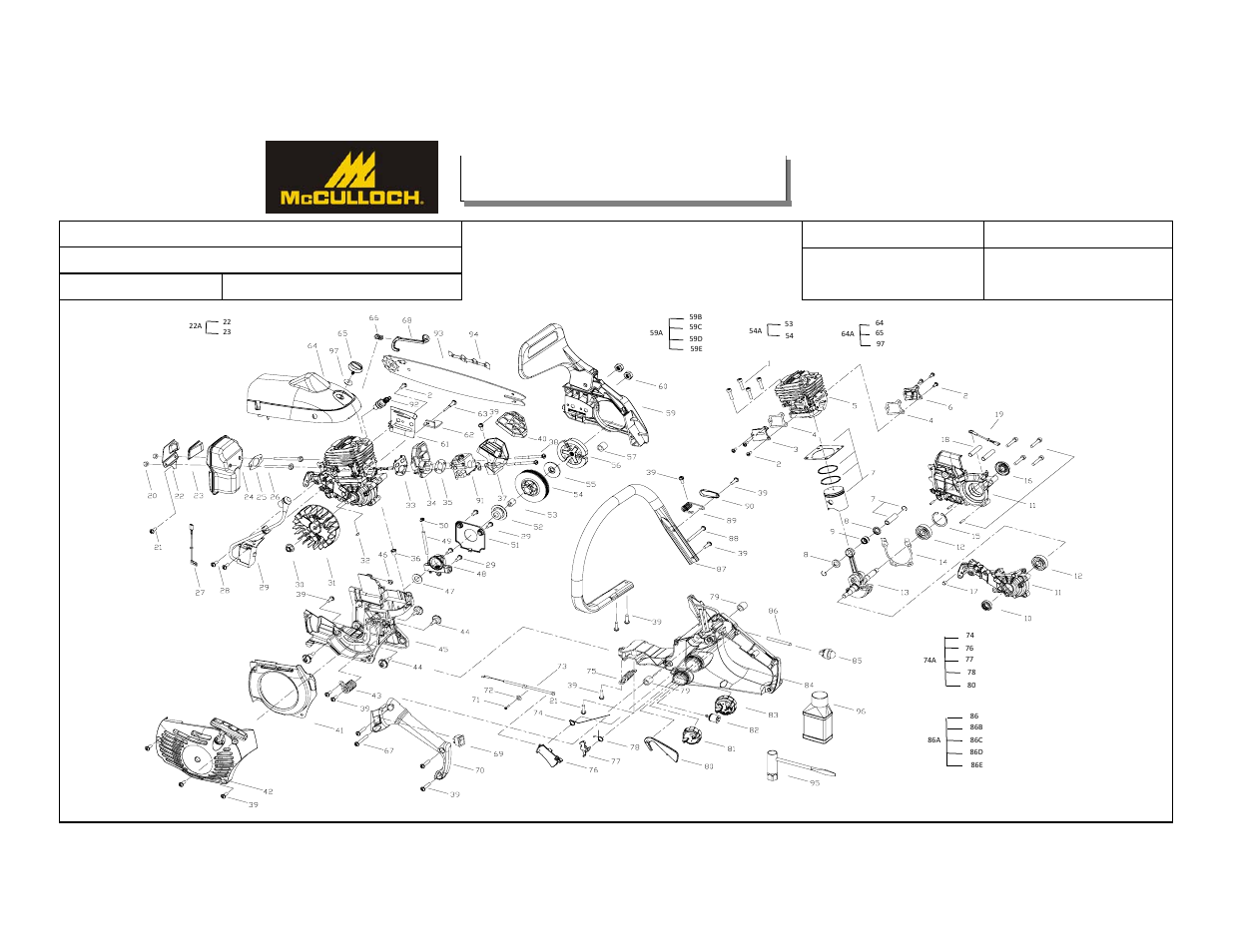 F-iplmcc1435apg1.pdf, Mcc1435a service spare parts list, Service spare parts list | 35cc gas chain saw model no, Specify model no. when ordering parts | McCulloch 9096311037 User Manual | Page 34 / 37