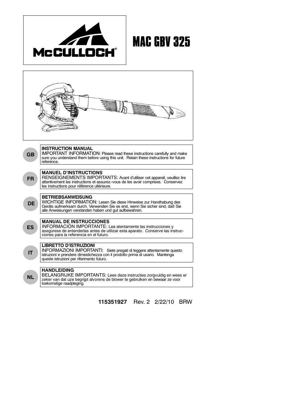 McCulloch MAC GBV 325 User Manual | 12 pages