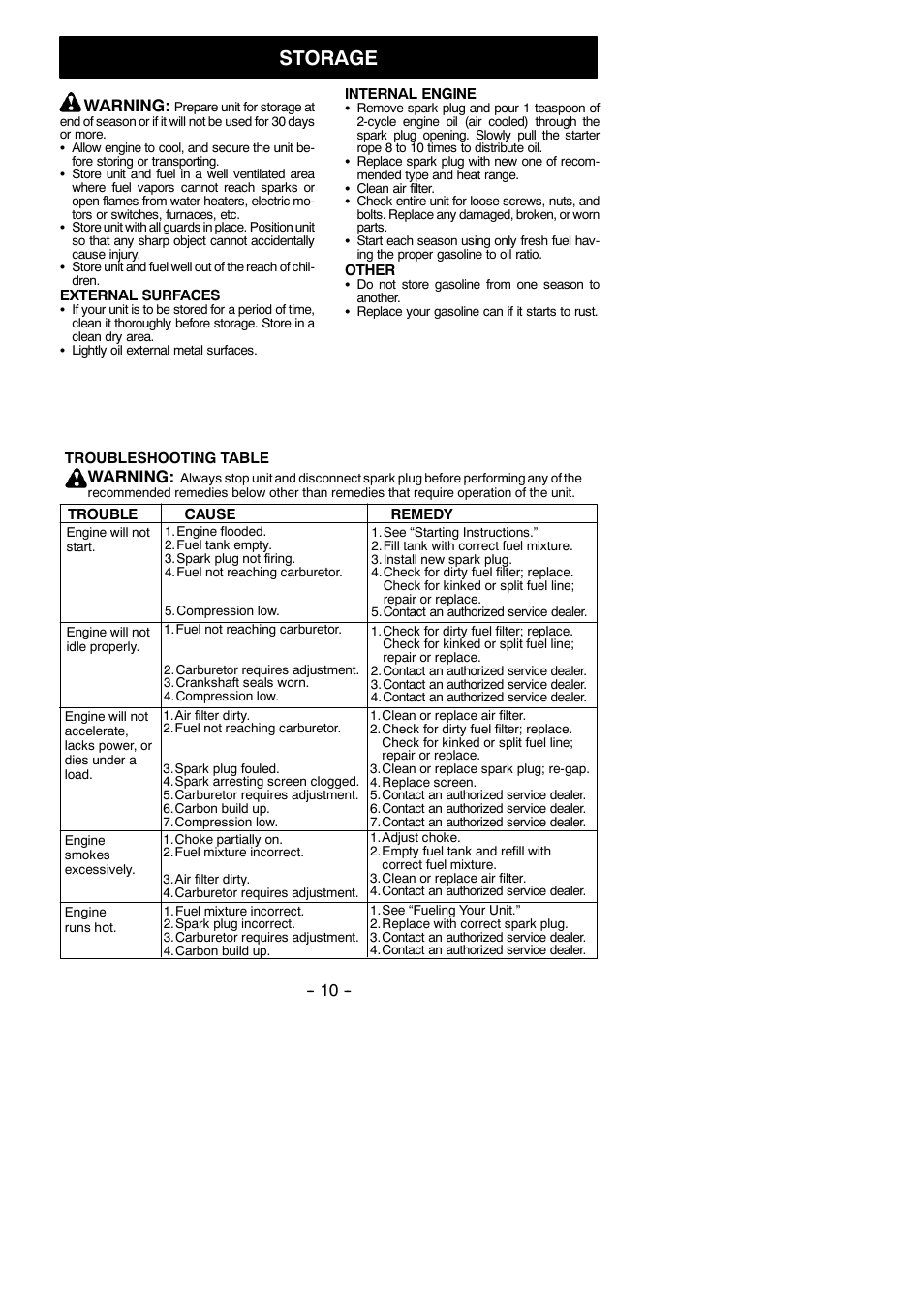 Storage, Warning | McCulloch MAC GBV 325 User Manual | Page 10 / 12
