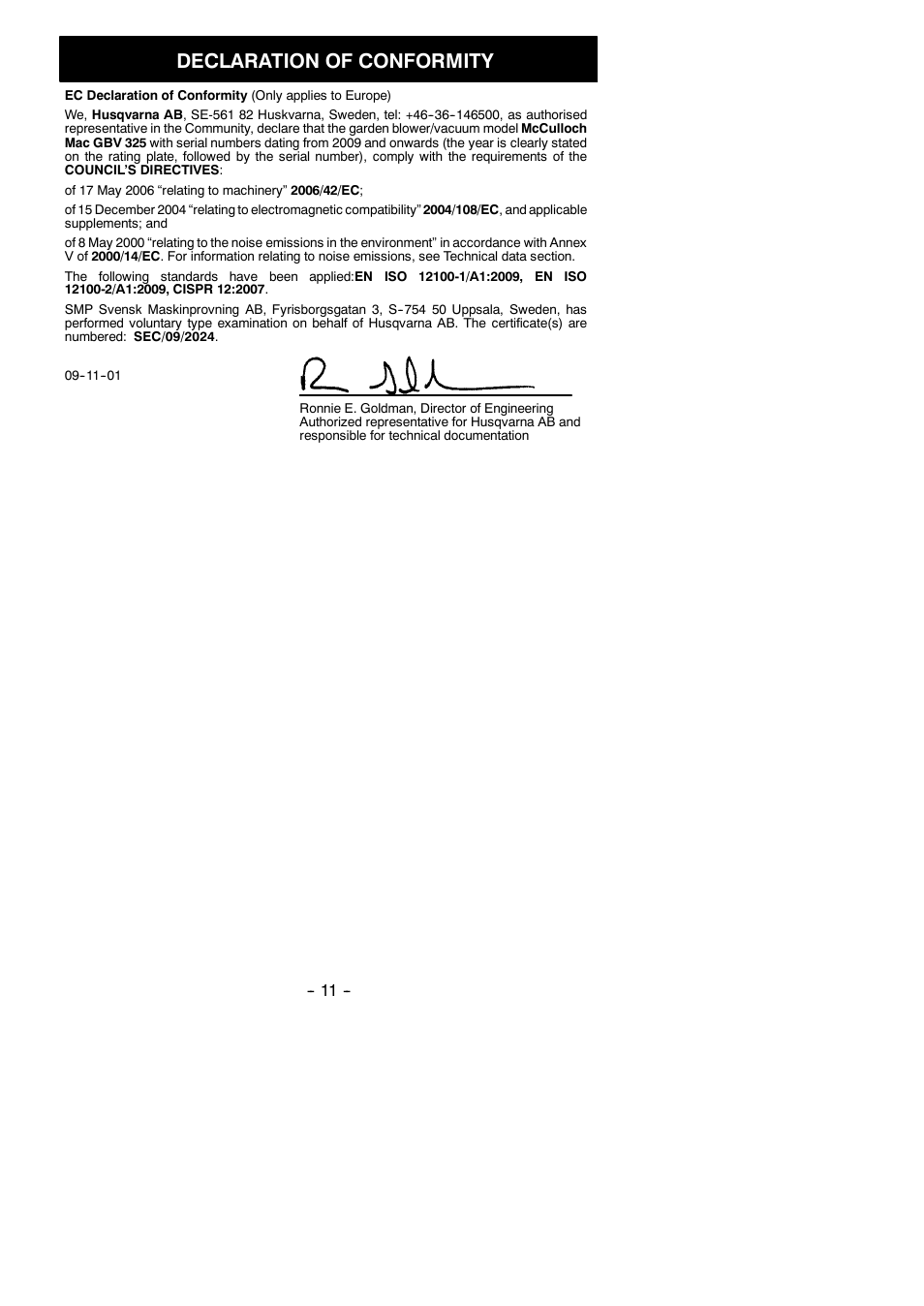 Declaration of conformity | McCulloch MAC GBV 325 User Manual | Page 11 / 12