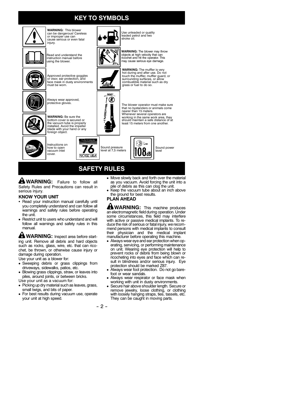 Key to symbols, Safety rules, Warning | McCulloch MAC GBV 325 User Manual | Page 2 / 12