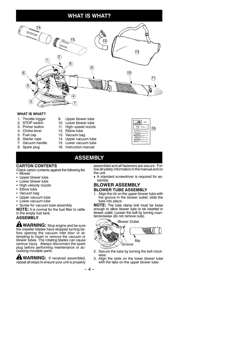 What is what, Assembly, Warning | Blower assembly | McCulloch MAC GBV 325 User Manual | Page 4 / 12