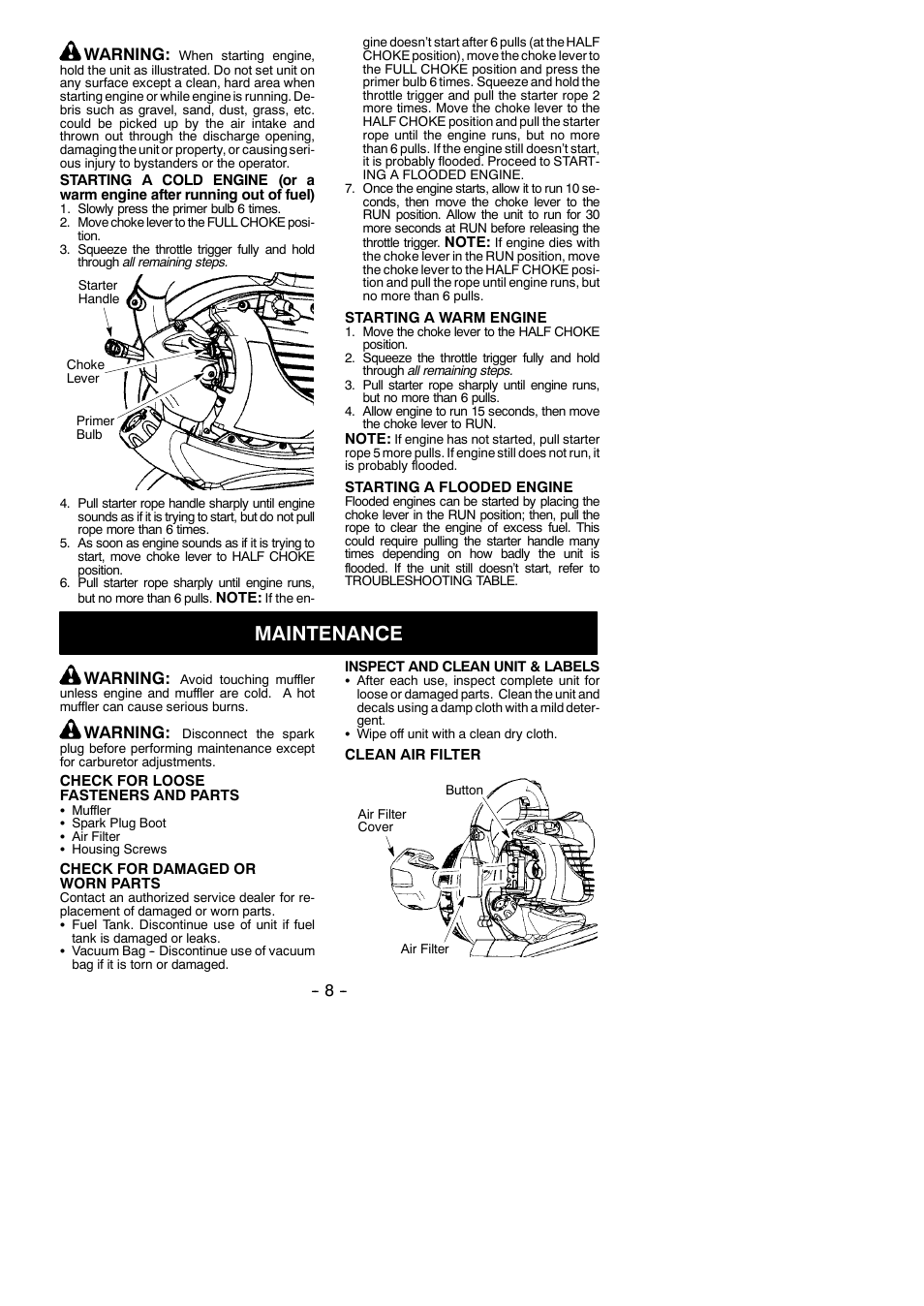 Maintenance, Warning | McCulloch MAC GBV 325 User Manual | Page 8 / 12