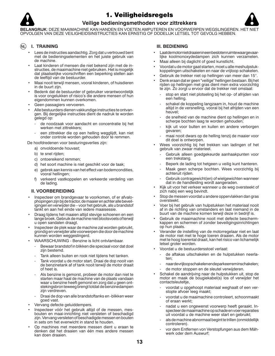 Veiligheidsregels, Veilige bedieningsmethoden voor zittrekkers | McCulloch 96041016500 User Manual | Page 13 / 84
