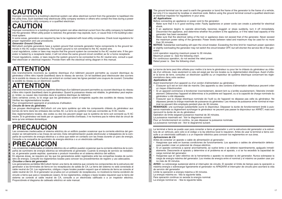 Caution, Attention, Precaucion | McCulloch 7096-FG5733 User Manual | Page 17 / 30