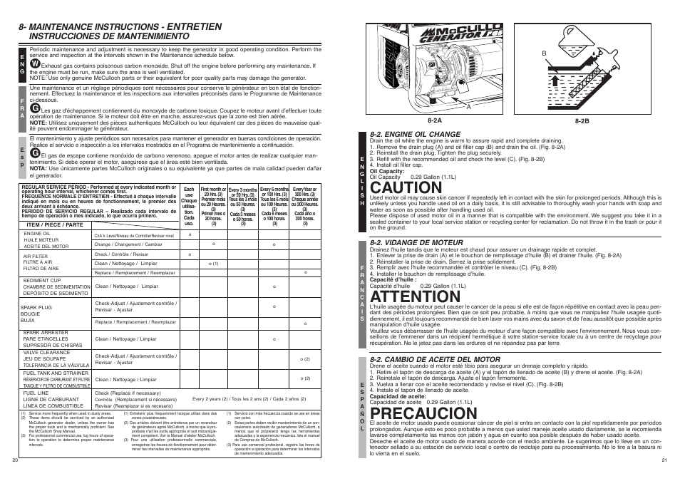 Caution, Attention, Precaucion | Entretien, Maintenance instructions, Instrucciones de mantenimiento | McCulloch 7096-FG5733 User Manual | Page 20 / 30