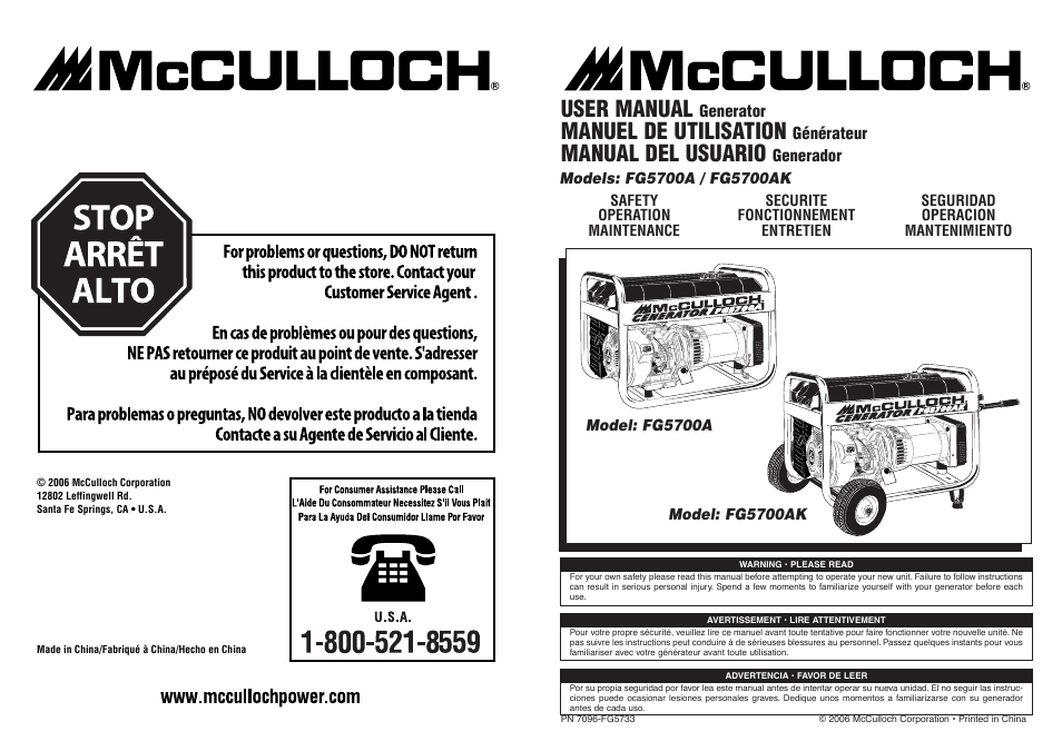 User manual, Manuel de utilisation, Manual del usuario | McCulloch 7096-FG5733 User Manual | Page 30 / 30