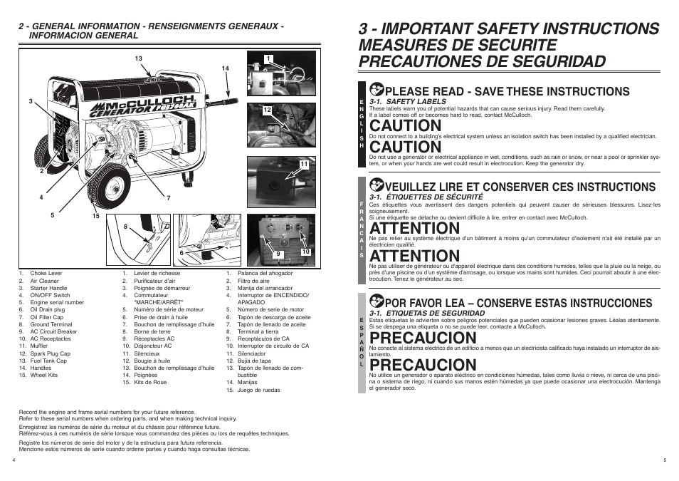Caution, Attention, Precaucion | Please read - save these instructions, Veuillez lire et conserver ces instructions, Por favor lea – conserve estas instrucciones | McCulloch 7096-FG5733 User Manual | Page 4 / 30