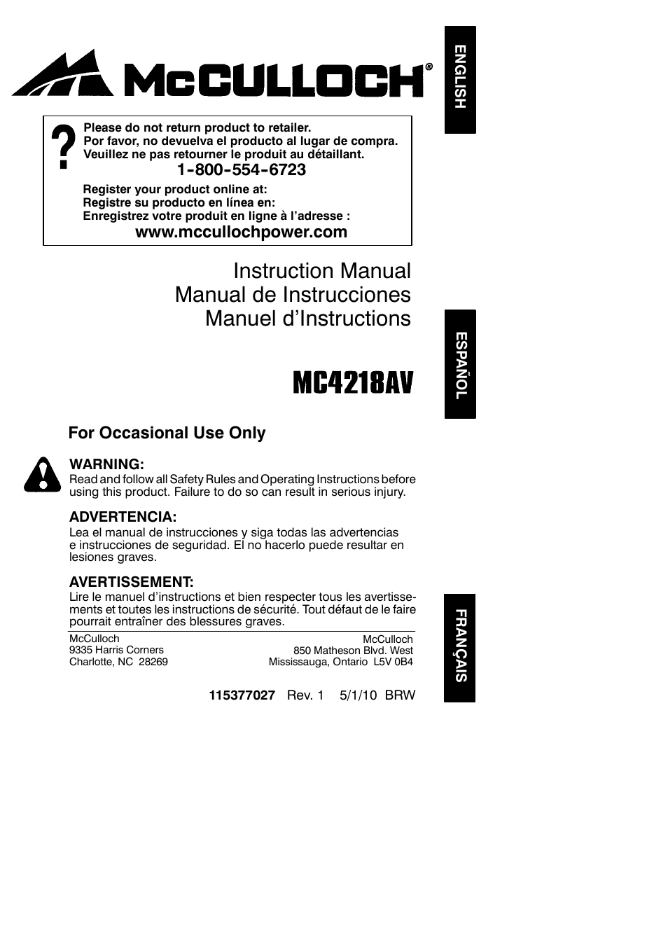 McCulloch 115377027 User Manual | 20 pages