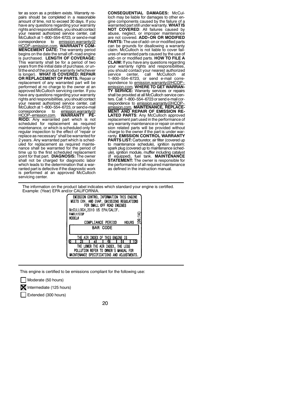 McCulloch 115377027 User Manual | Page 20 / 20