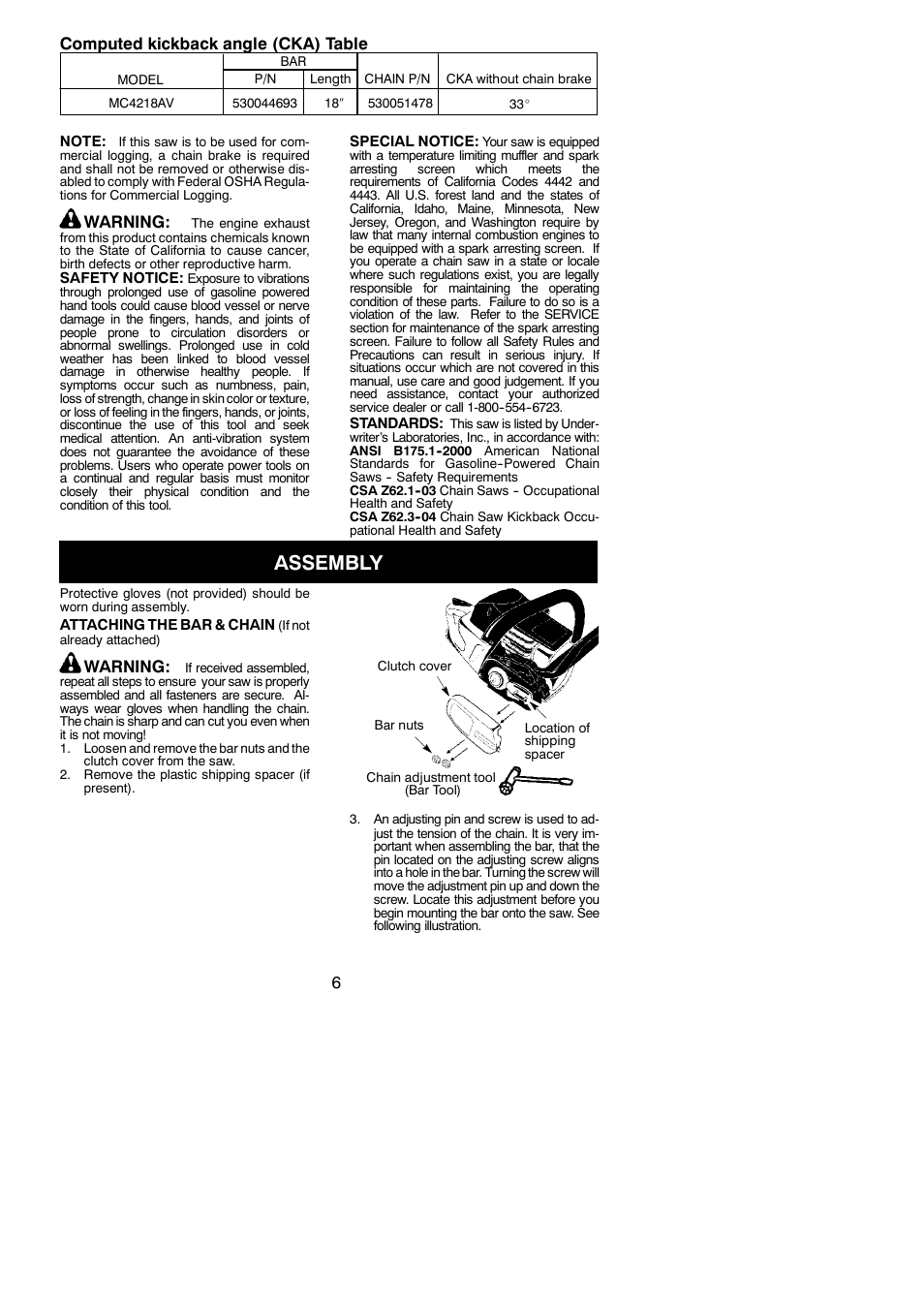 Assembly, 6computed kickback angle (cka) table, Warning | McCulloch 115377027 User Manual | Page 6 / 20