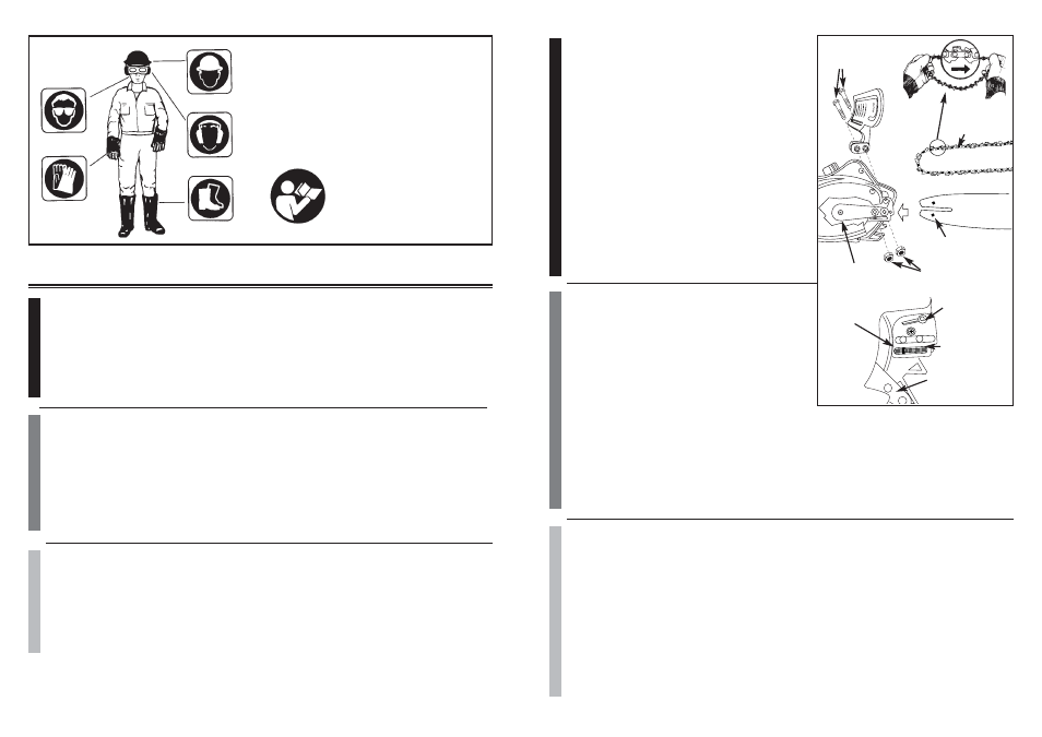 1. introduction, 2. unpacking, 2. deballage | 1. introduccion, 2. desempacando, 3. assembly requirements, 4. guide bar / saw chain replacement installation, 3. montage d’elements, 4.chaine/guide chaine installation remplacement, 3. requerimientos para elensamblado | McCulloch MS1215 User Manual | Page 16 / 38