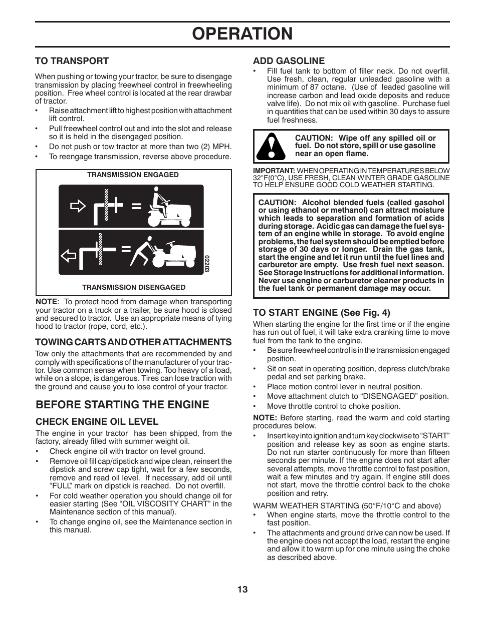 Operation, Before starting the engine | McCulloch M17538H User Manual | Page 13 / 32