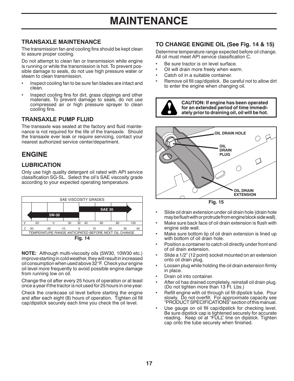 Maintenance, Engine, Transaxle maintenance | Transaxle pump fluid, Lubrication | McCulloch M17538H User Manual | Page 17 / 32