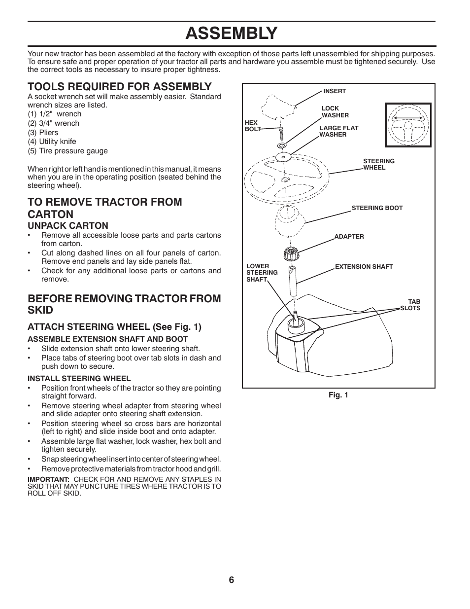 Assembly, Tools required for assembly, Before removing tractor from skid | McCulloch M17538H User Manual | Page 6 / 32