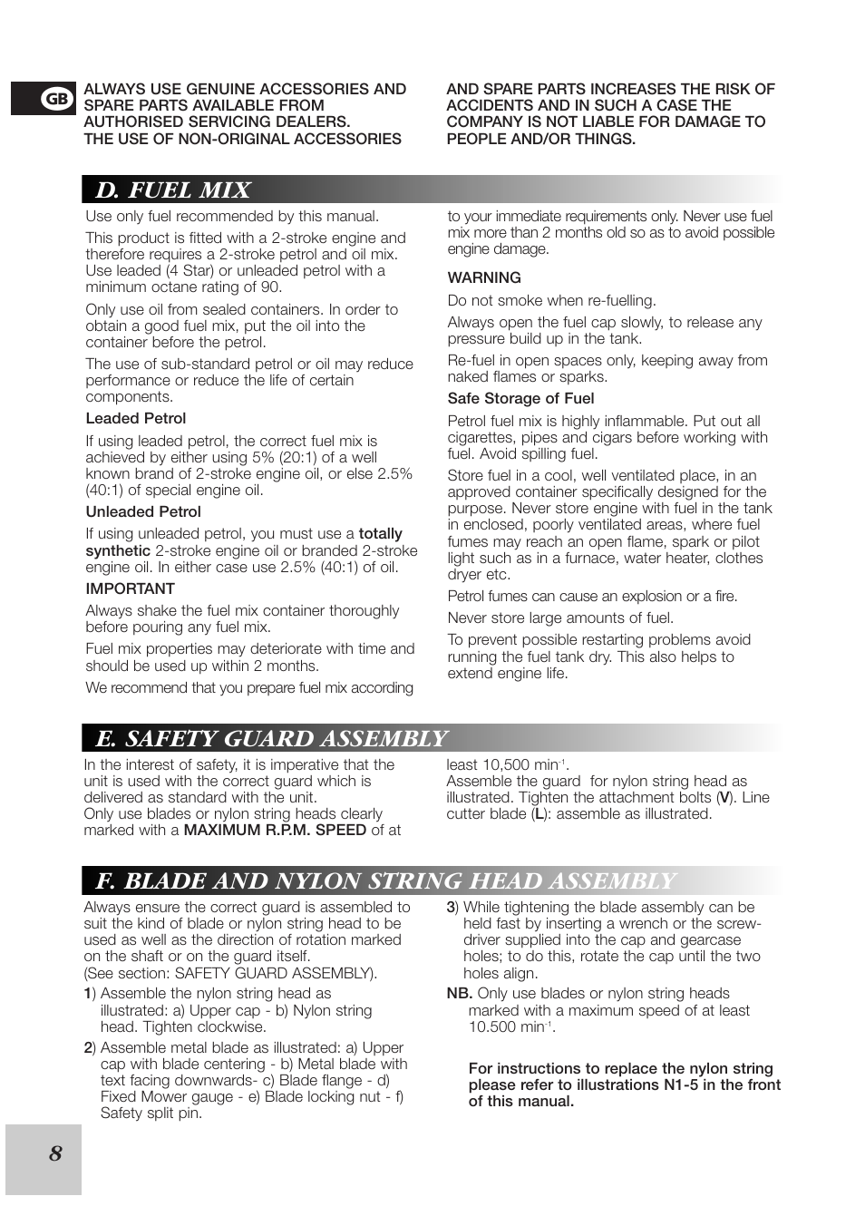 F. blade and nylon string head assembly, D. fuel mix, E. safety guard assembly | McCulloch Cabrio 246/25 cc User Manual | Page 10 / 12