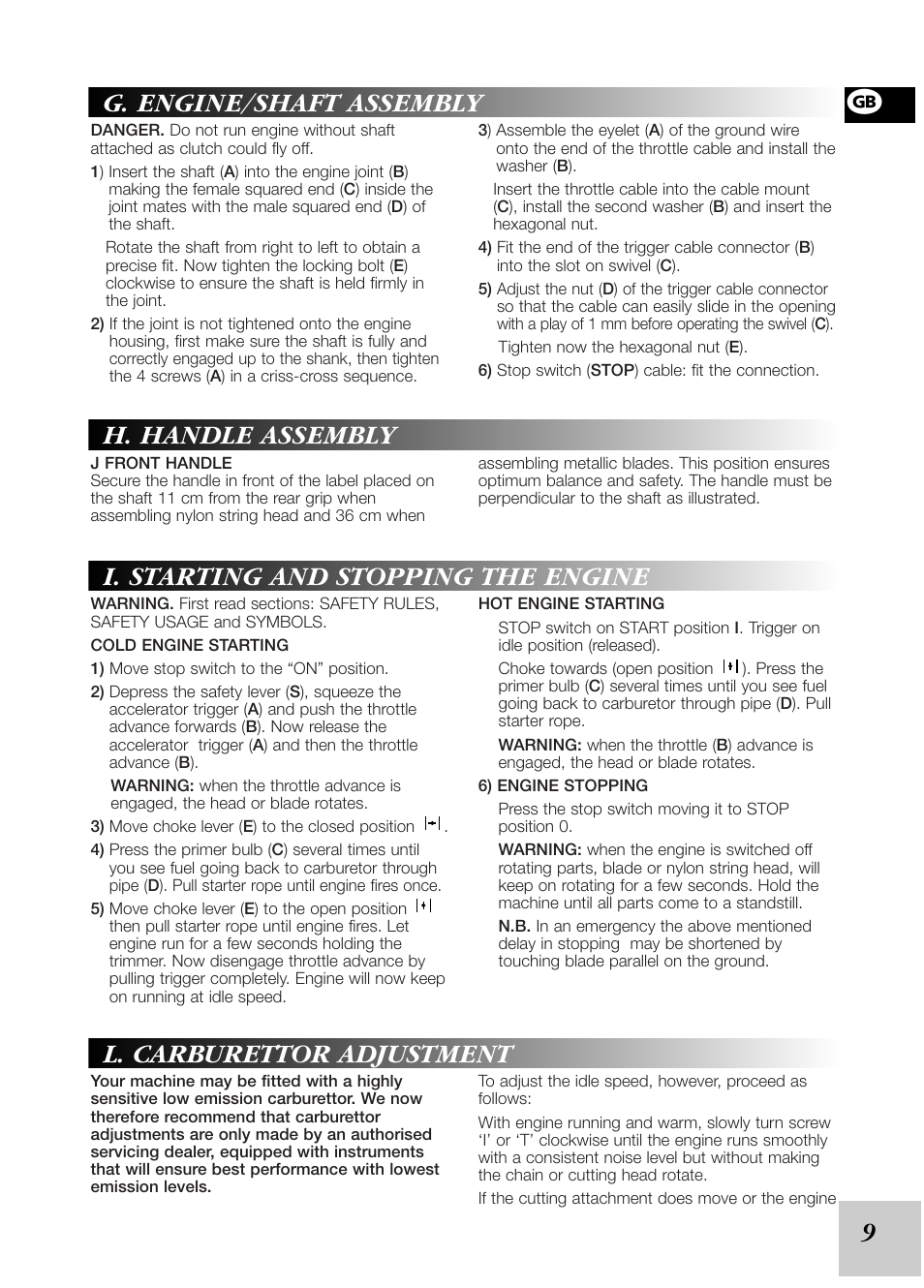 G. engine/shaft assembly, L. carburettor adjustment | McCulloch Cabrio 246/25 cc User Manual | Page 11 / 12