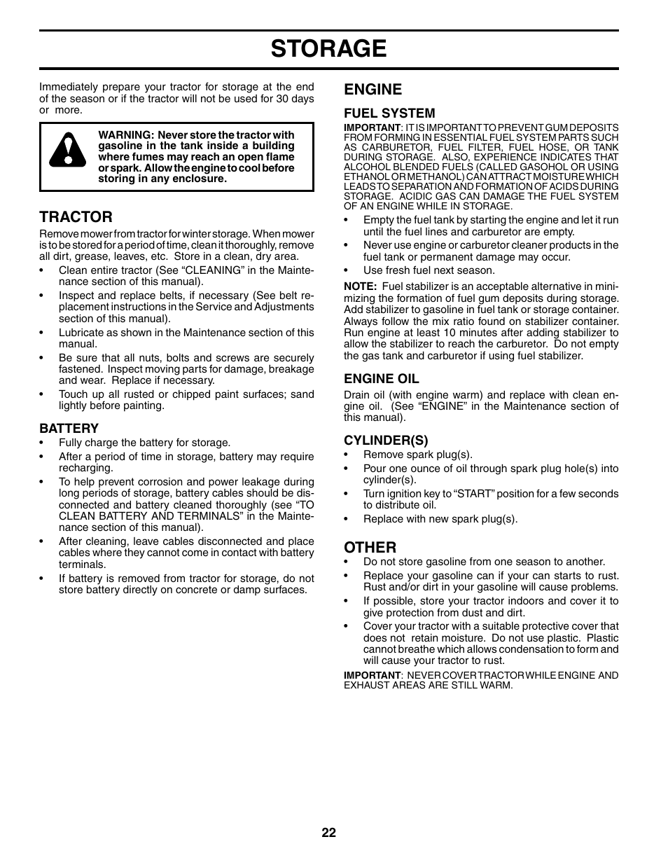 Storage, Tractor, Engine | Other | McCulloch MC1538ST User Manual | Page 22 / 44