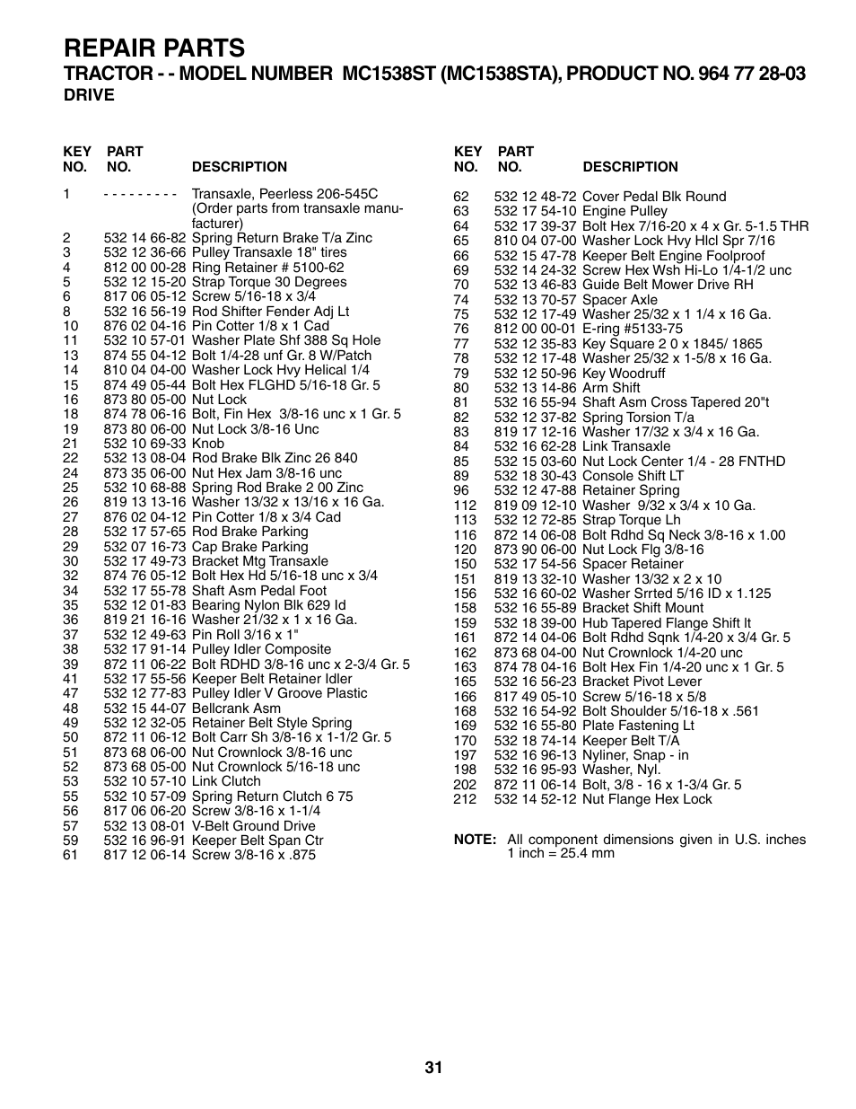 Repair parts | McCulloch MC1538ST User Manual | Page 31 / 44
