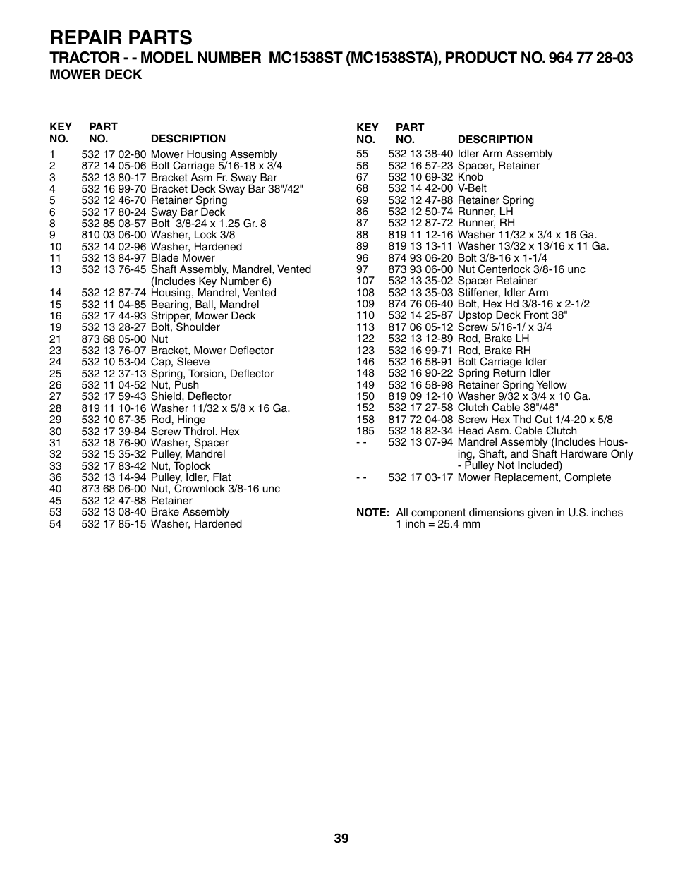 Repair parts | McCulloch MC1538ST User Manual | Page 39 / 44