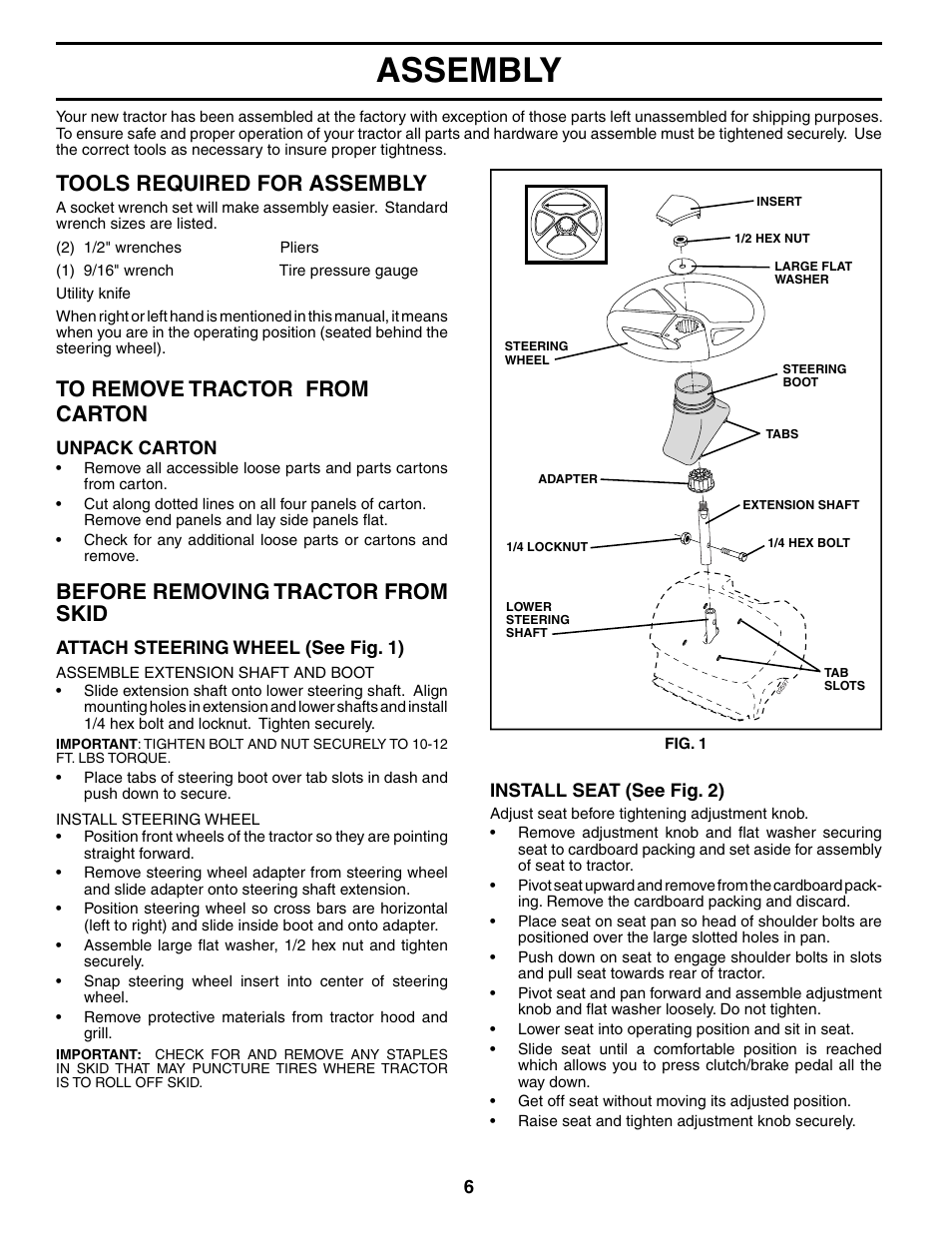 Assembly, Tools required for assembly, Before removing tractor from skid | McCulloch MC1538ST User Manual | Page 6 / 44