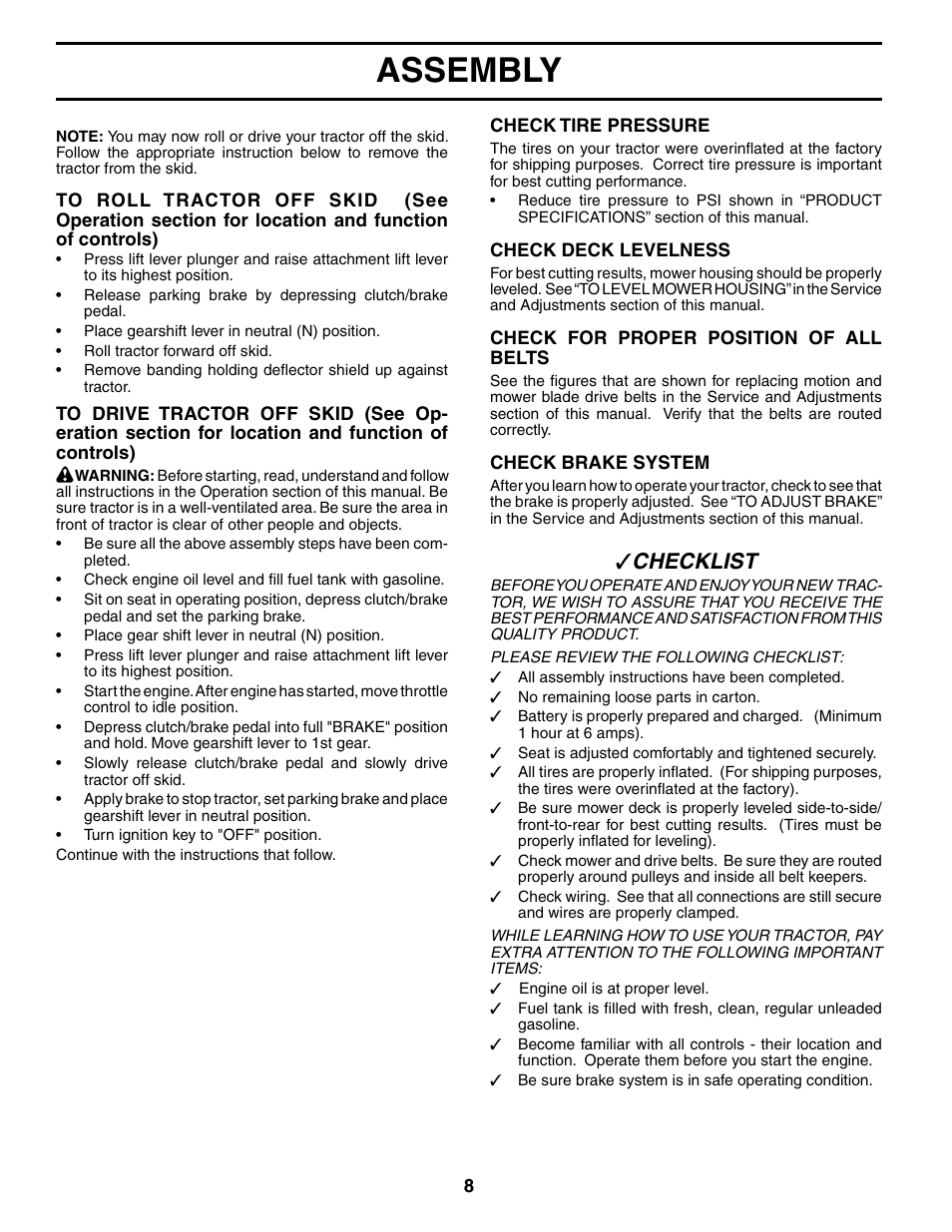 Assembly, Che cklist | McCulloch MC1538ST User Manual | Page 8 / 44