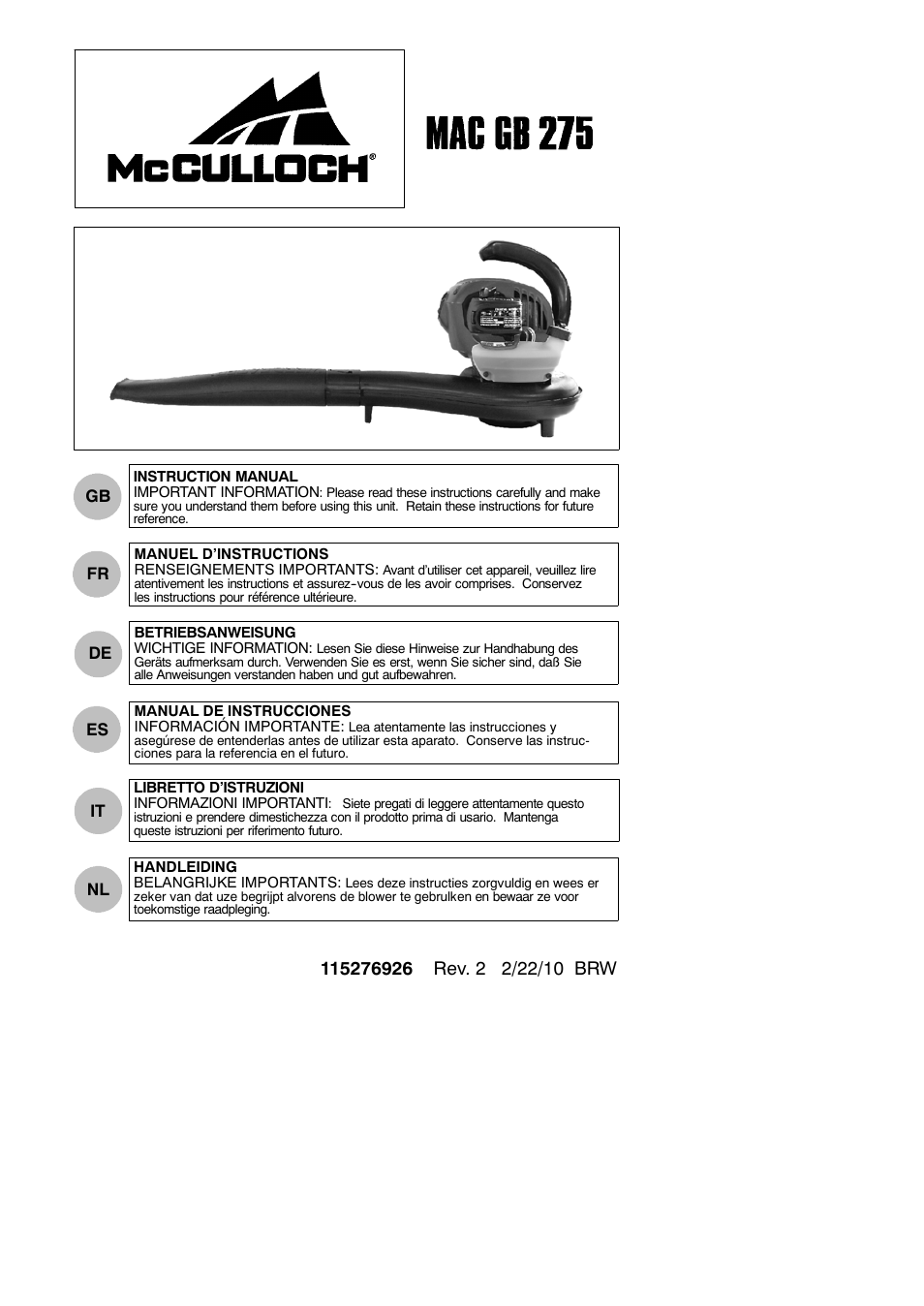 McCulloch MAC GB 275 User Manual | 9 pages