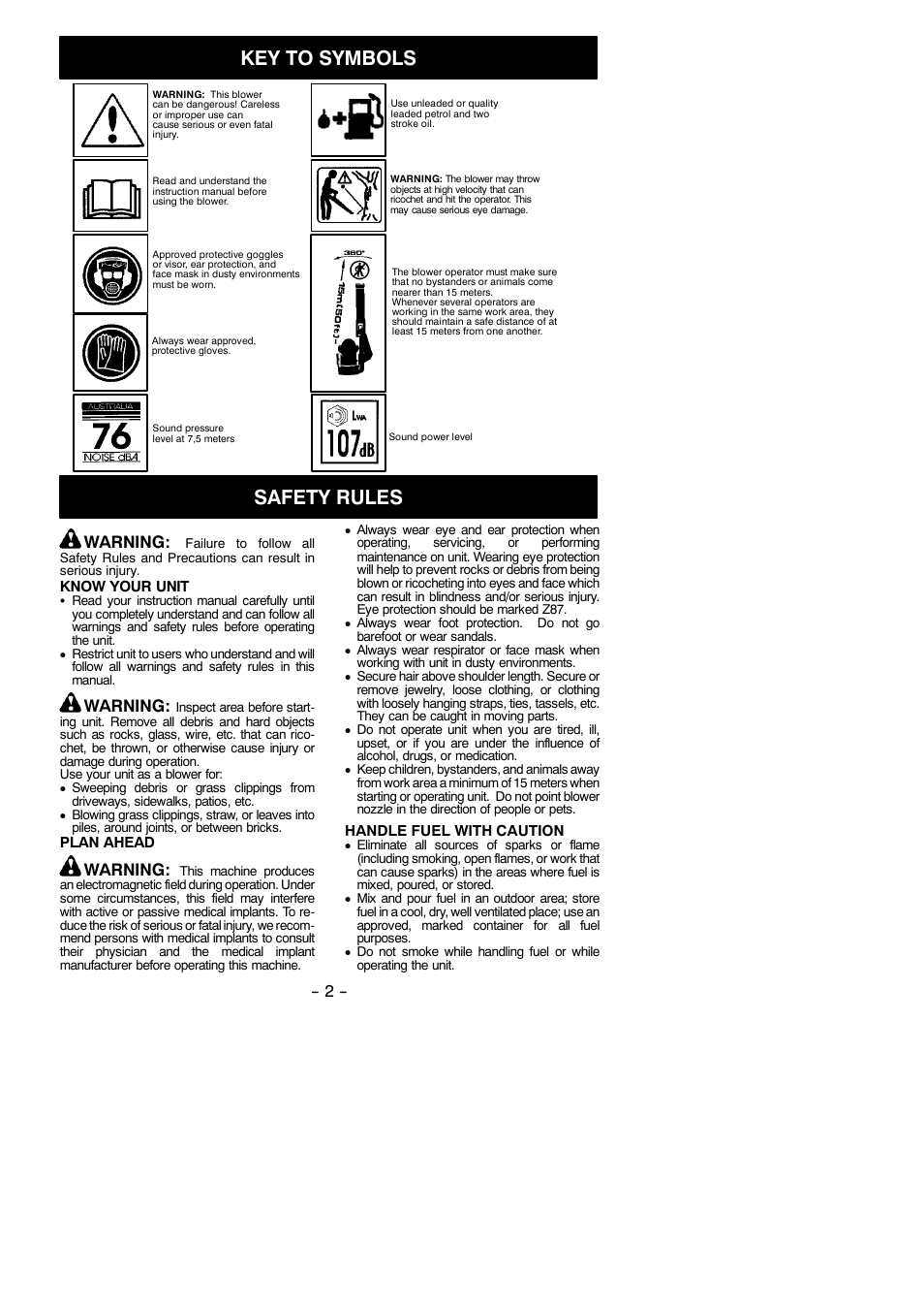 Key to symbols, Safety rules, Warning | McCulloch MAC GB 275 User Manual | Page 2 / 9