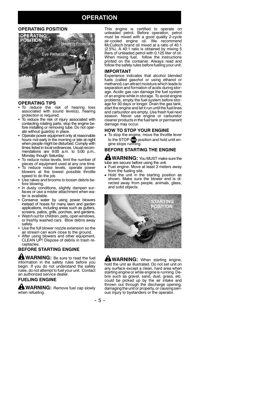 Operation, Warning | McCulloch MAC GB 275 User Manual | Page 5 / 9