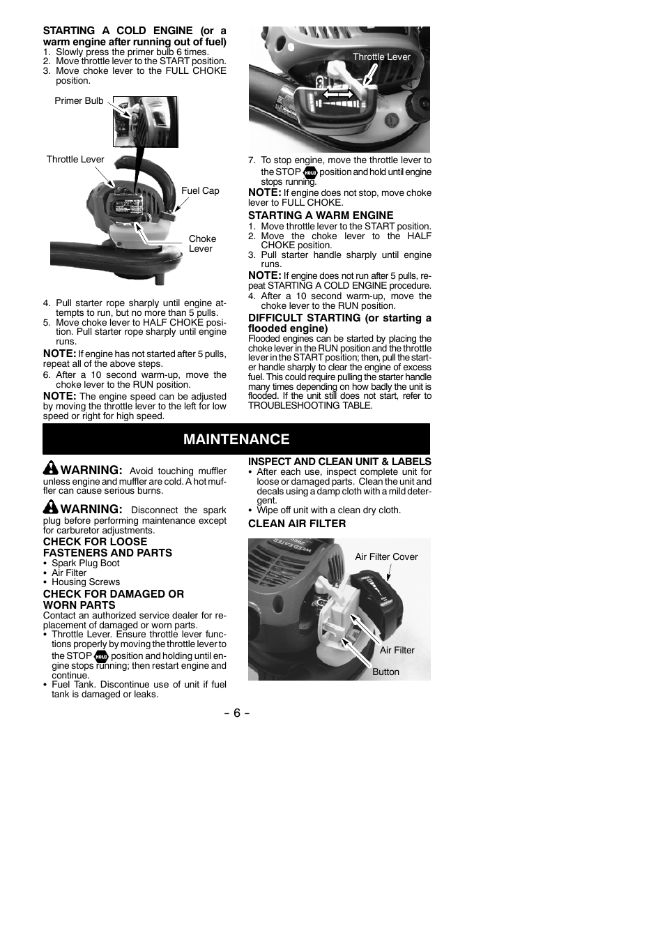 Maintenance, Warning | McCulloch MAC GB 275 User Manual | Page 6 / 9