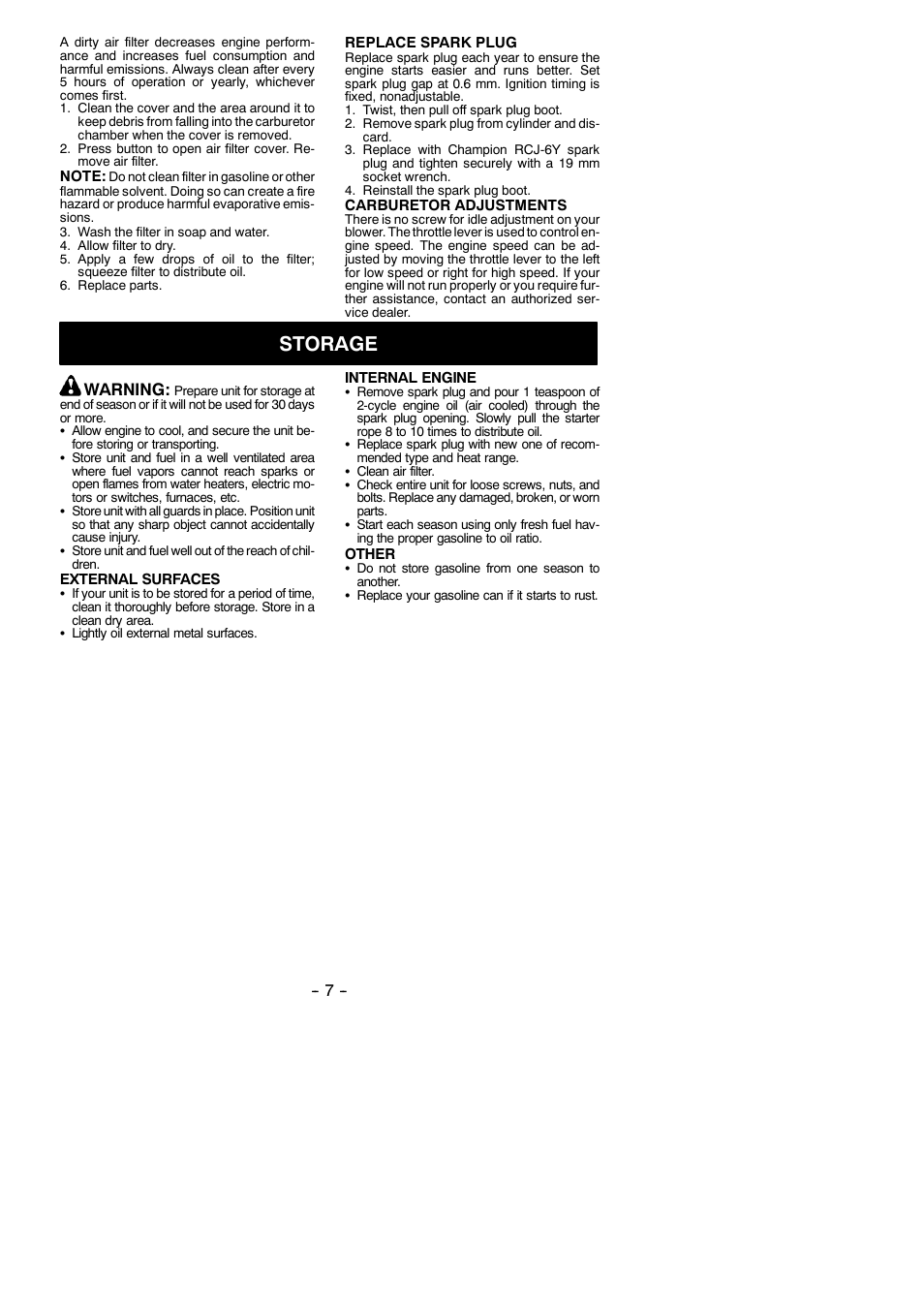Storage, Warning | McCulloch MAC GB 275 User Manual | Page 7 / 9