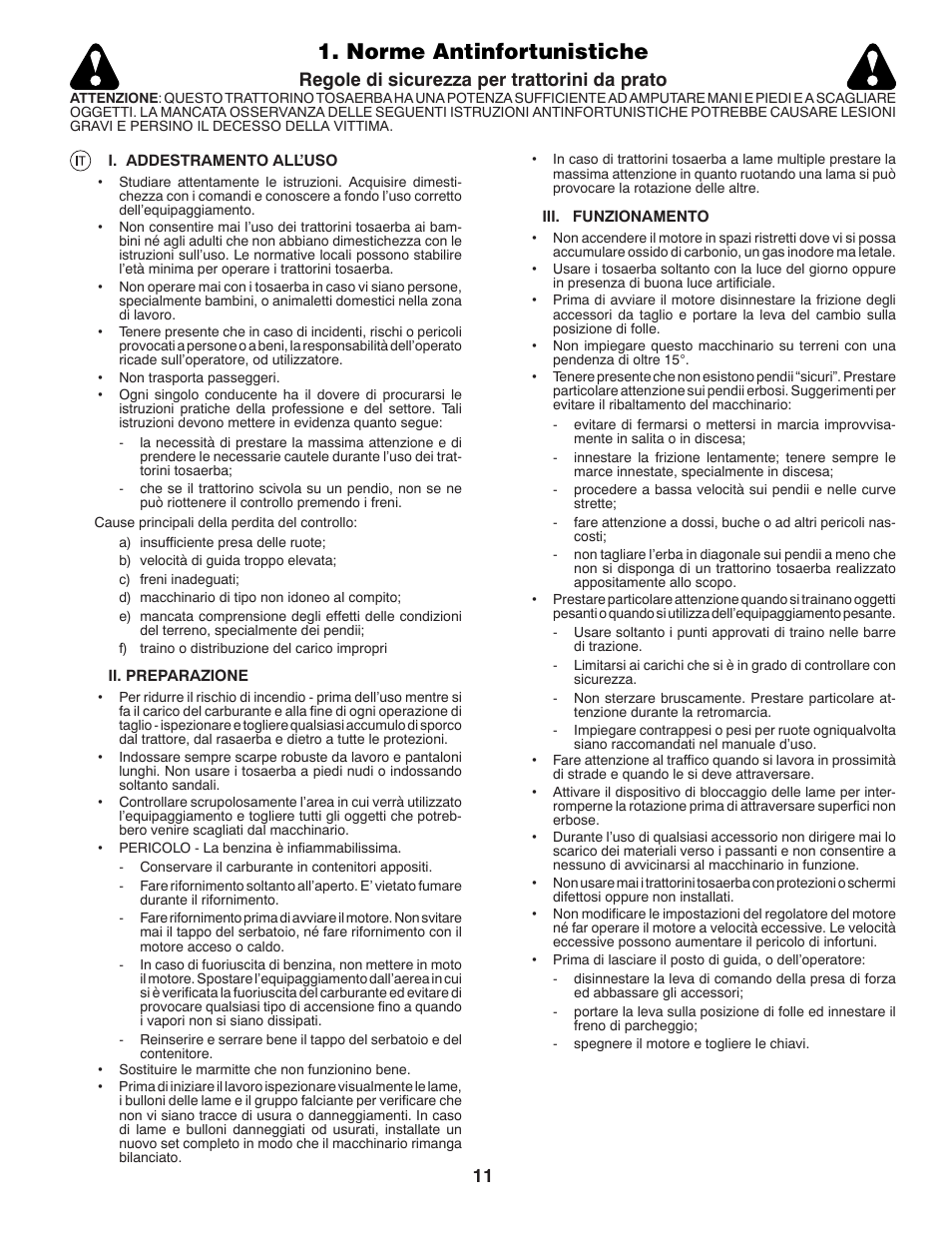 Norme antinfortunistiche, Regole di sicurezza per trattorini da prato | McCulloch 532 43 86-30 User Manual | Page 11 / 92