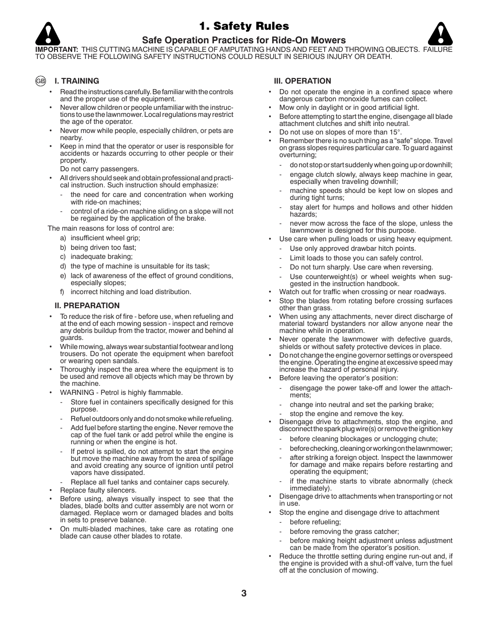Safety rules, Safe operation practices for ride-on mowers | McCulloch 532 43 86-30 User Manual | Page 3 / 92