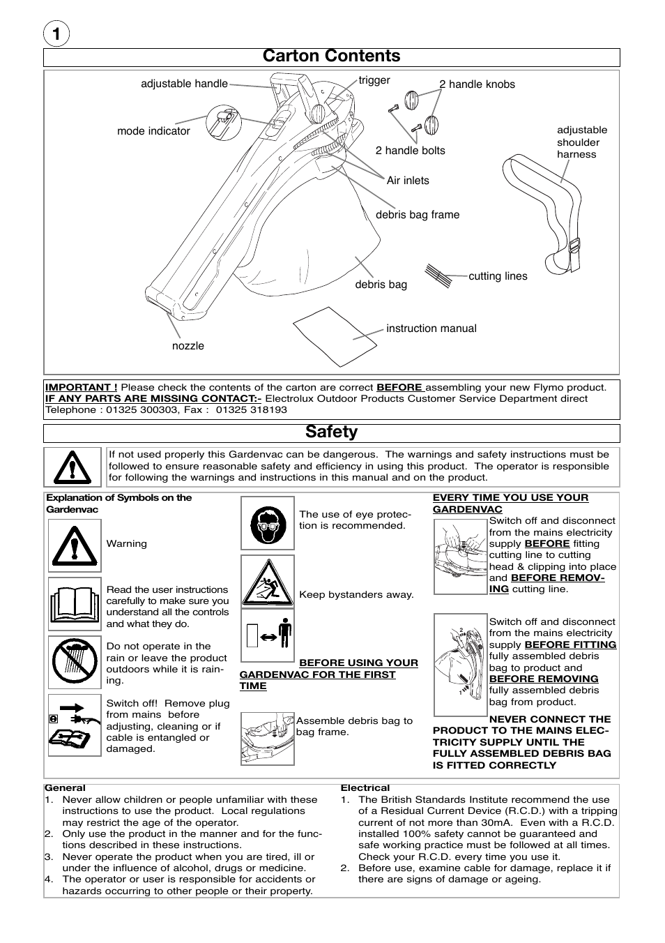 1carton contents, Safety | McCulloch Gardenvac 1600W User Manual | Page 2 / 8